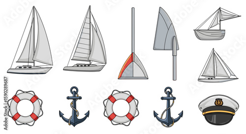 Illustration showing various nautical themed elements including sailboats anchors and life preservers neatly arranged on transparent background