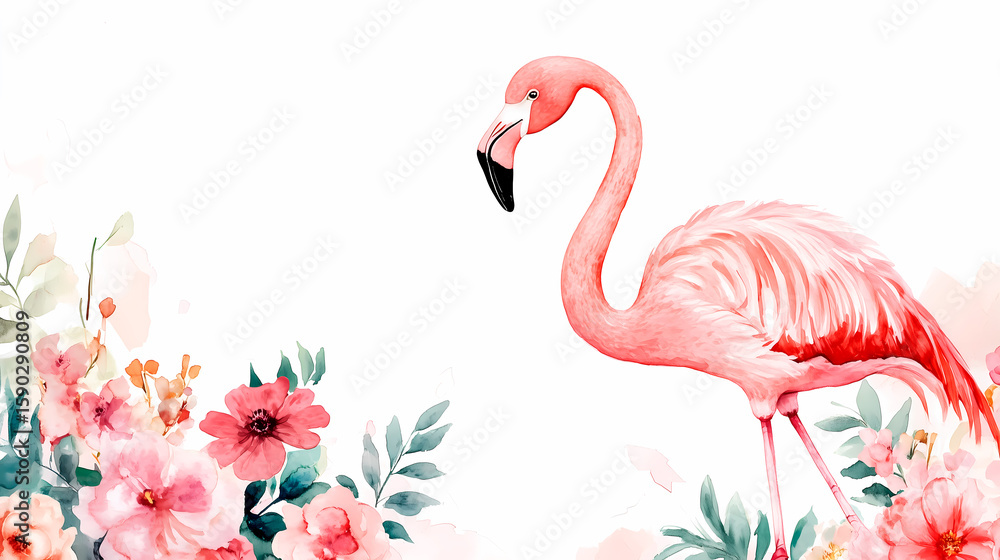 Naklejka premium Pink flamingo in watercolor with tropical flowers and white background, decorative flower art