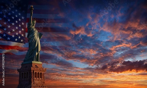 the Statue of Liberty with an American flag in the background Sunset sky, stars, and clouds Generative AI