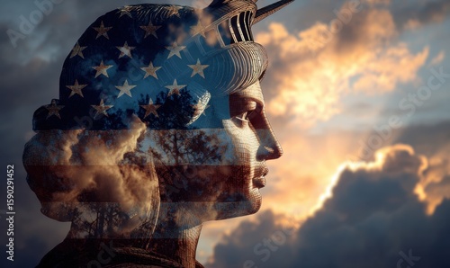 A double exposure of the Statue of Liberty and an American flag, with stars forming in the clouds at sunset Generative AI