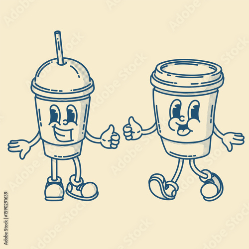 Smiling friendly coffe to go with straw character mascot in shoes. Coffee shop mascot symbol. Finger up, hand up
