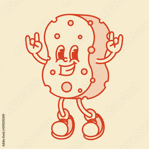 Cute retro sponge mascot with face and legs. Cartoon vector illustration for cleaning, bath, kitchen themes