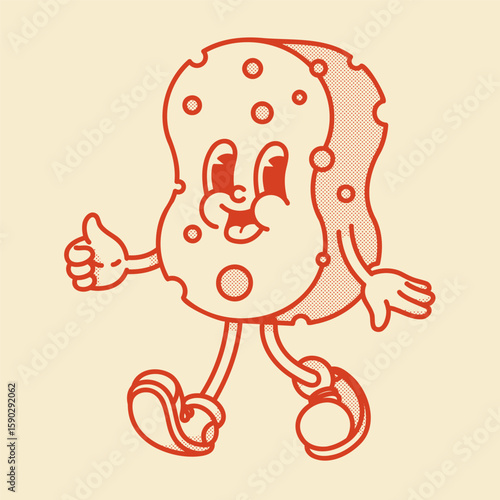 Cute retro sponge mascot with face and legs. Cartoon vector illustration for cleaning, bath, kitchen themes