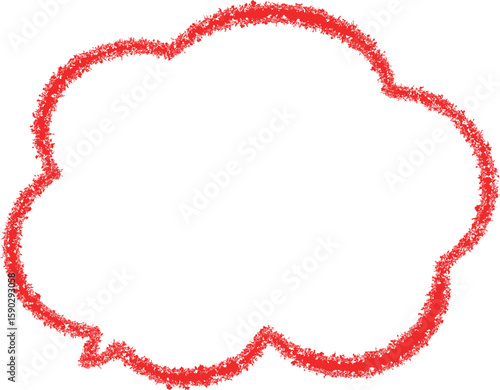  A speech bubble, outlined in a red  color , resembling a crayon drawing. The edges of the speech bubble appear slightly textured or "scribbled," giving it the distinct look of being drawn with crayon