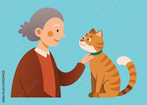 Vector art of grandmother petting a cat