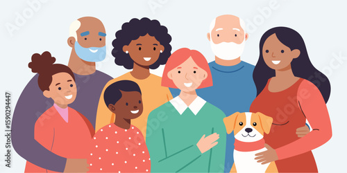 Vector art of multigenerational family with dog smiling