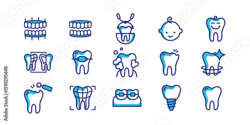 Comprehensive dental icon set - implants, braces, X-rays and pediatric dentistry. Modern flat vector designs for clinics, medical apps and dental healthcare presentations
