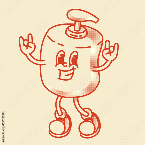 Retro mascot bottle. Refillable cosmetic pump bottle for lotion, serum, soap. Eco-friendly recyclable plastic, minimalist spa aesthetic