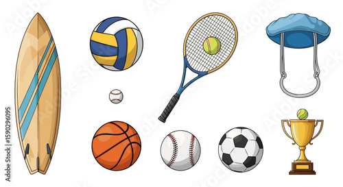 Illustration of a surfboard, volleyball, tennis racket, baseball, basketball, soccer ball, and trophy cup items on transparent background
