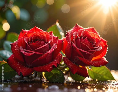 Fototapeta Naklejka Na Ścianę i Meble -  Two vibrant red roses with morning dew