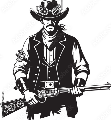 Wallpaper Mural Steampunk Cowboy Holding Gear Rifle Black White Illustration Torontodigital.ca