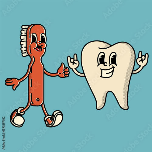 Playful vintage tooth & brush buddies - thumbs up and smiling. Perfect handdrawn art for kids' hygiene education