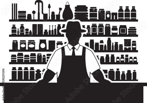 Grocer in Hat Behind Shelves of Jars Bottles and Containers