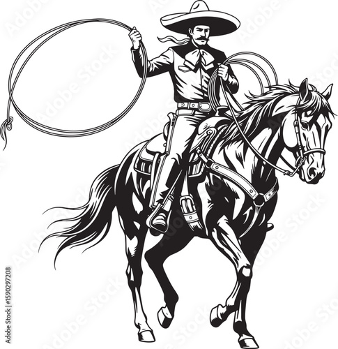 Charro Riding Horse Lasso Black White Illustration