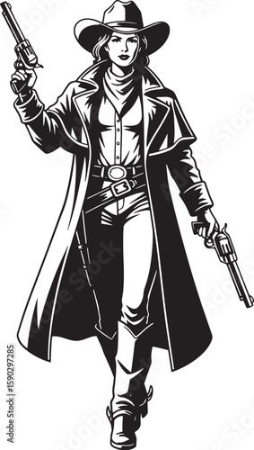 Cowgirl Walking Gunslinger Black White Illustration