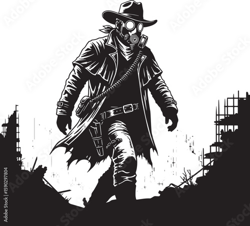 Cowboy Gas Mask Post Apocalyptic Ruin Walking Silhouette