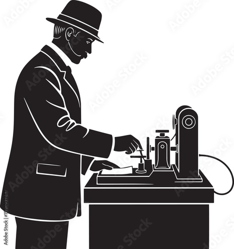 Man in Fedora Operating Vintage Teletype Machine vector