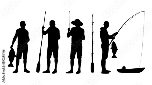 Fishing Silhouettes Collection: Fish, Rods, Boats & Fishermen in Vector Art