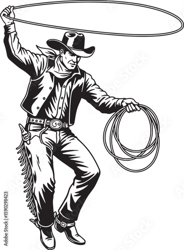 Cowboy Lassoing Rope Black White Illustration vector