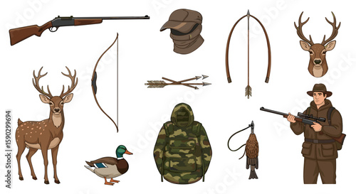 Illustration showcasing hunting equipment including a rifle bow deer and hunter in a detailed layout on transparent background