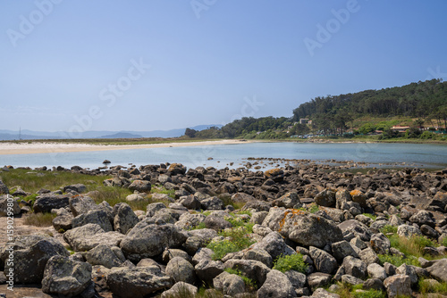 Lagoa dos Nenos, a beautiful coastal lagoon located between Rodas Beach and Figueiras Beach on the Cíes Islands, part of the Atlantic Islands of Galicia National Park in Spain. 