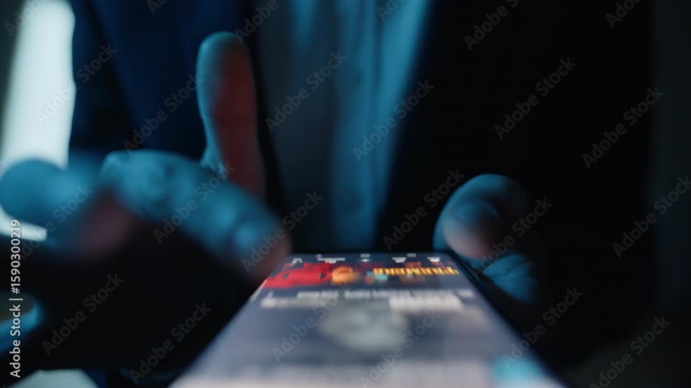 Hand swiping phone screen viewing network updates workplace environment closeup