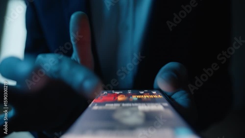 Hand swiping phone screen viewing network updates workplace environment closeup