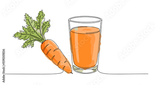 Carrot juice in a glass with carrot one line doodle drawing with watercolor fill, minimalistic vector illustration on white background