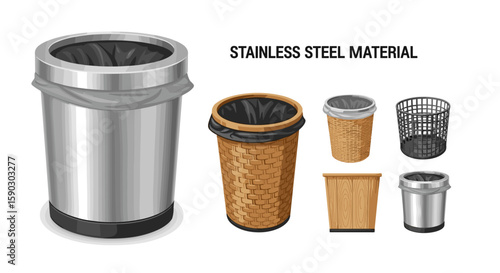 Illustration showcasing a variety of trash cans made from different materials and designs shown together on transparent background
