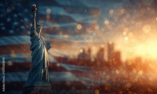 The Statue of Liberty with an American flag background, against the backdrop of a sunset sky with stars, symbolizing freedom and progress in America Generative AI