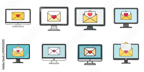 Multiple vector illustrations of love letters on monitor

