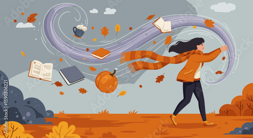 Woman walking with umbrella in windy autumn weather, surrounded by falling leaves and cozy elements