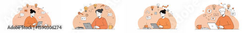 Multi-panel illustration of four women working at desks with laptops, featuring a warm earthy color palette