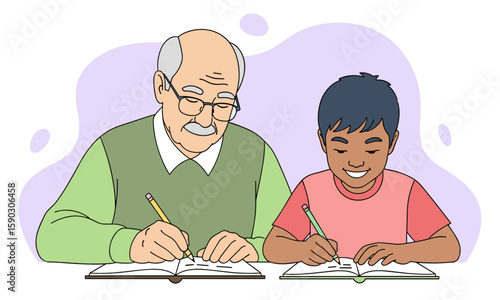Senior Man helping his grandson Latin Boy Studying