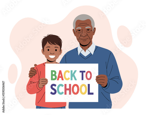 Senior Mixed race grandpa and Grandson Holding Back to School Sign