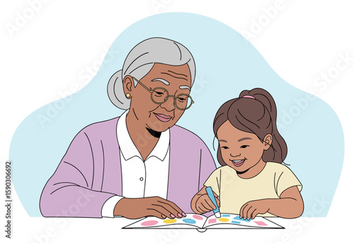 Senior Latin American Woman and her granddaughter toddler coloring book