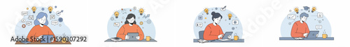Four people working at desks with laptops, tablets, and coffee cups in a modern productivity illustration
