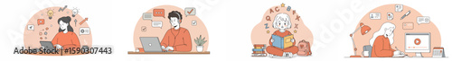Illustration of women working and reading in a warm, cohesive composition