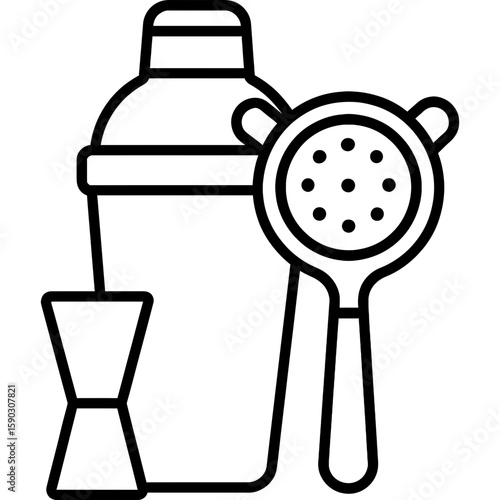 Cocktail shaker with strainer and jigger outline icon vector