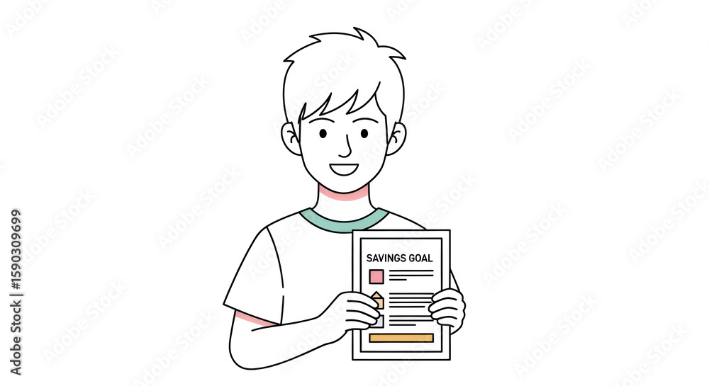 Smiling boy holding a document, possibly a form or certificate, in a simple line art style. Smiling boy holding a document, possibly a form or certificate, in a simple line art style.