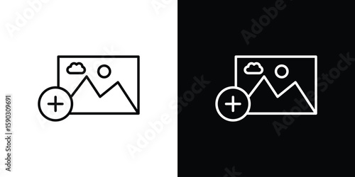 Add photos icon. Stroke pictogram. Vector illustration. Vector sign for mobile app and websites.