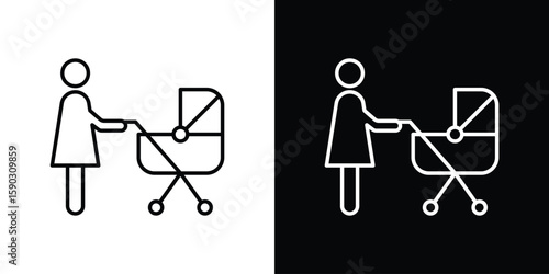 Woman with Baby Stroller icon. Stroke pictogram. Vector illustration. Vector sign for mobile app and websites.