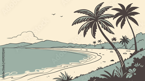 Illustration of a tropical beach with palm trees, mountains, and birds in a vintage style drawing created with generated ai