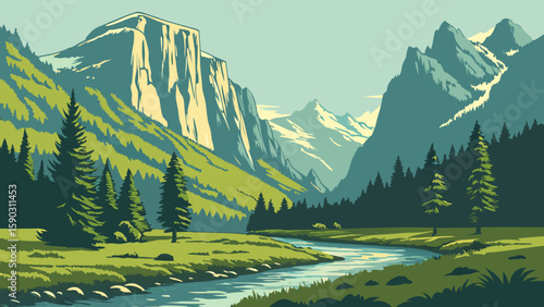 Scenic mountain landscape featuring a river flowing through a valley with tall pine trees and peaks created with generated ai