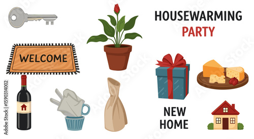 Illustration of housewarming party elements including key, plant, welcome sign, wine, and new home text on transparent background