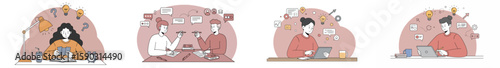 Young woman working in four-panel illustration with creative elements and professional setting