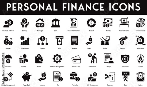 Personal Finance Icons set vector illustration with collection of salary, debt, self employment, portfolio, tax, income, money management, assets, protection, wages, retirement, finance management.
