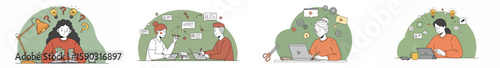 Illustration of four female professionals working in different settings with thematic symbols