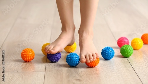 Child's feet on colorful textured balls