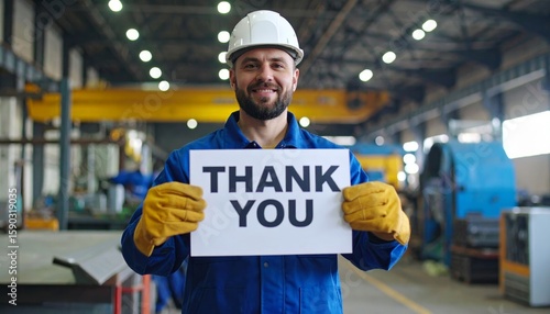 Smiling worker in hardhat holds a Thank You sign at the factory